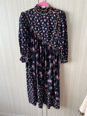 Vintage Black Dress with Pink Floral Print and Gold Trim Sz 12